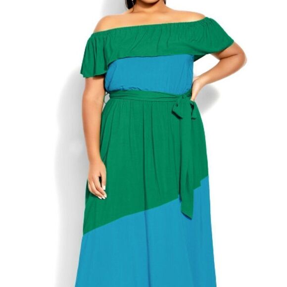 City Chic Women's Colorburst Maxi Dress Side Pockets Blue Green Size16 - Picture 7 of 7